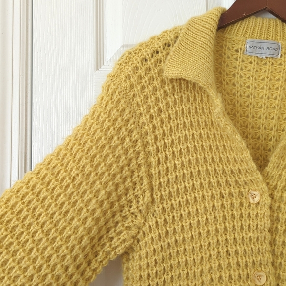 Nathan Road 80's Vintage Chunky Knit Buttoned Collared Cardigan Sweater Yellow M - Picture 5 of 11